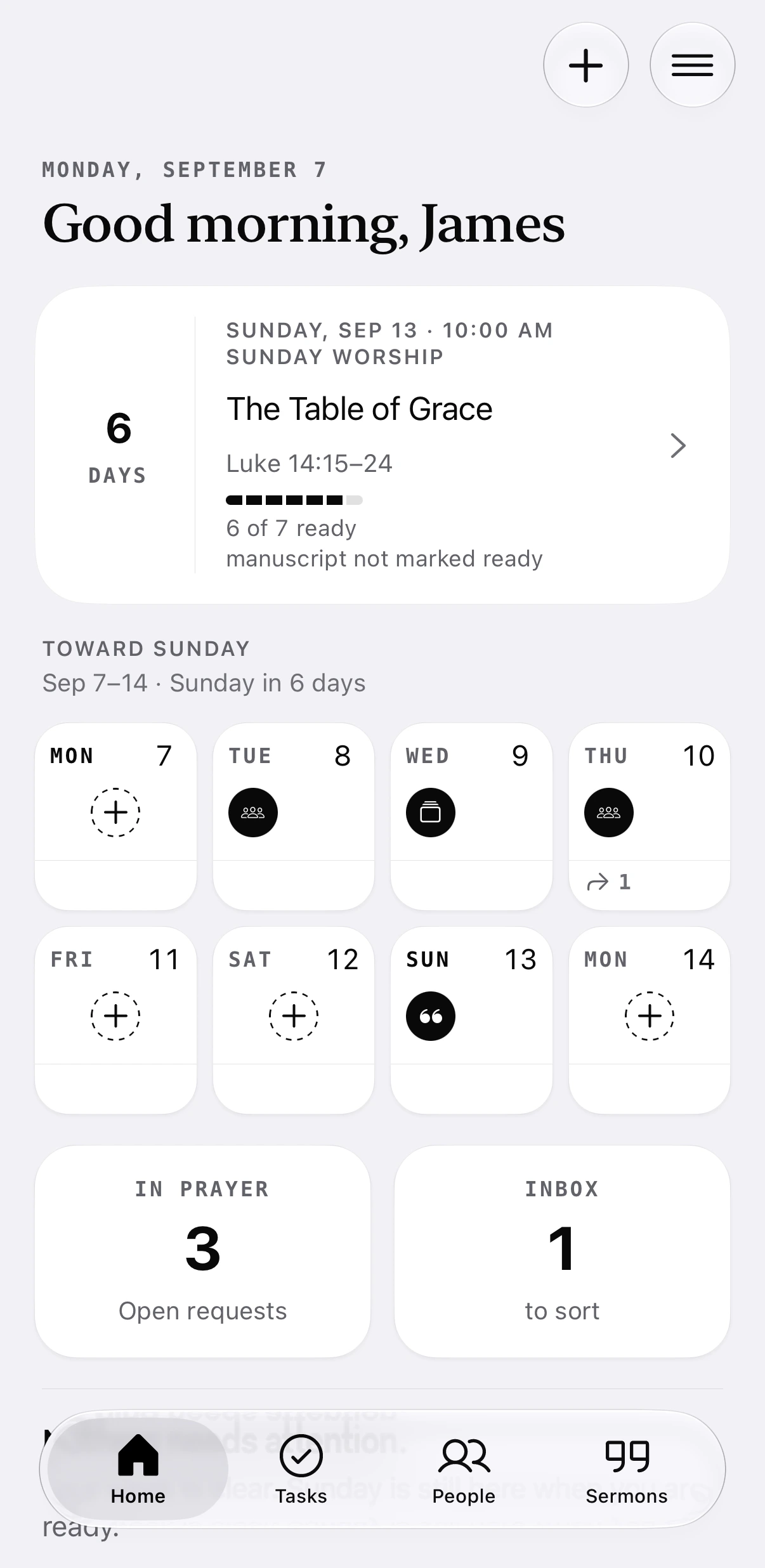 Home in the Shepherdly iPhone app: eight days toward Sunday, The Table of Grace, Luke 14:15–24, and one inbox item. Fictional demo content.