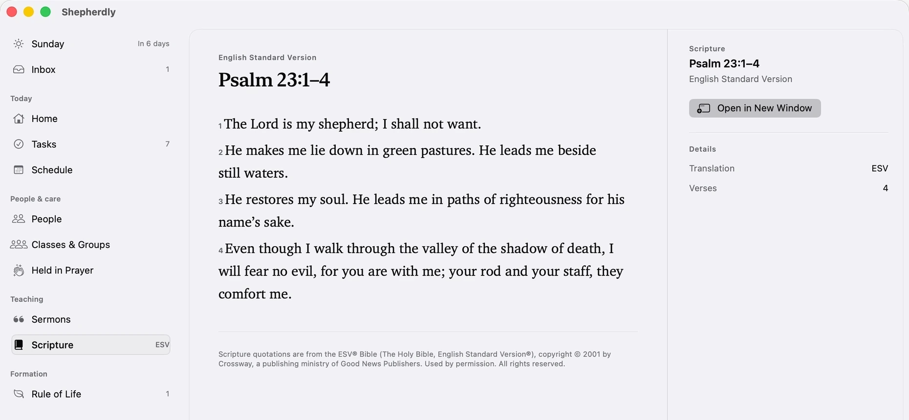Psalm 23 in the Scripture room on Mac, English Standard Version, with verse text and source attribution.